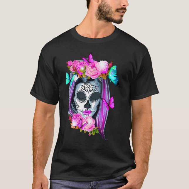 Camiseta Flores Día del Día de Muertos en la Calavera de Az (Anverso)