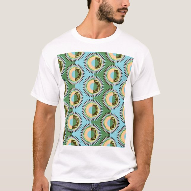 Camiseta Flores dobladas: patrón retro azul-verde. (Anverso)