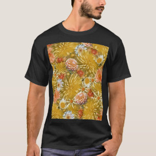 Camiseta Flores doradas de dalia, diseño floral vintage.