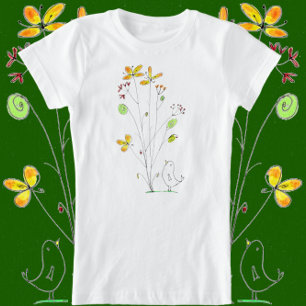 Camiseta Flores dulces y acuarela de aves y diseño de tinta