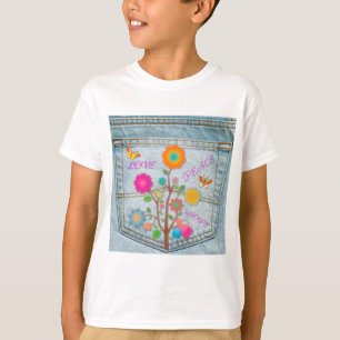 Camiseta Flores en el Bolsillo Trasero de Mezclilla Paz Amo