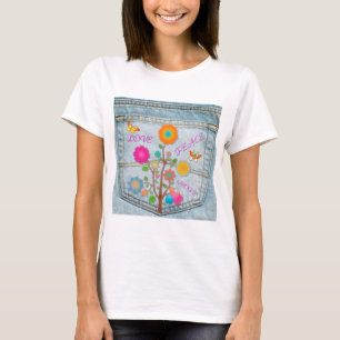 Camiseta Flores en el Bolsillo Trasero de Mezclilla Paz Amo
