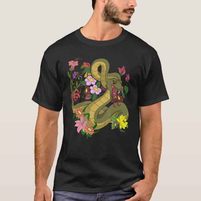 Camiseta Flores exóticas reptiles serpiente animal depredad (Anverso)