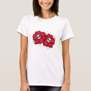 Camiseta flores góticas rojas de cráneo
