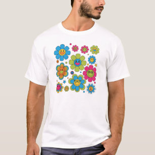 Camiseta Flores Groovy Smiley Face   Diseño retro de la apa