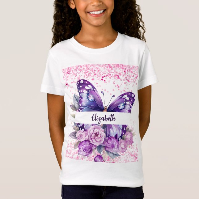 Camiseta Flores moradas rosadas de mariposa (Anverso)