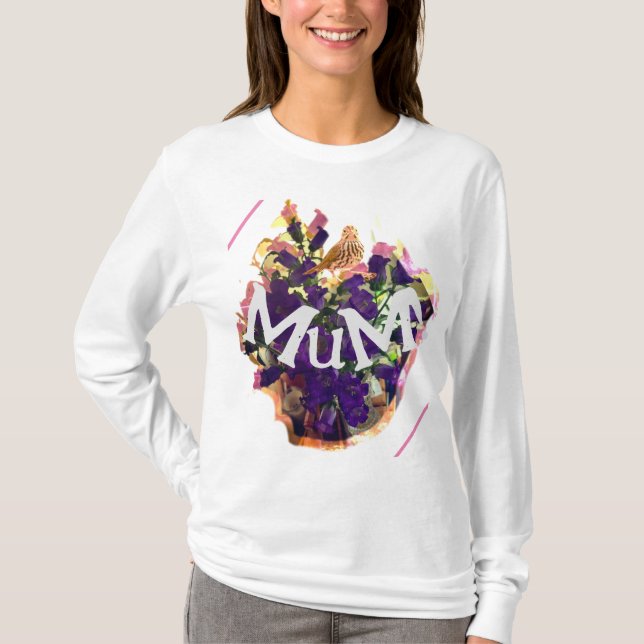 Camiseta Flores moradas y aves (Anverso)