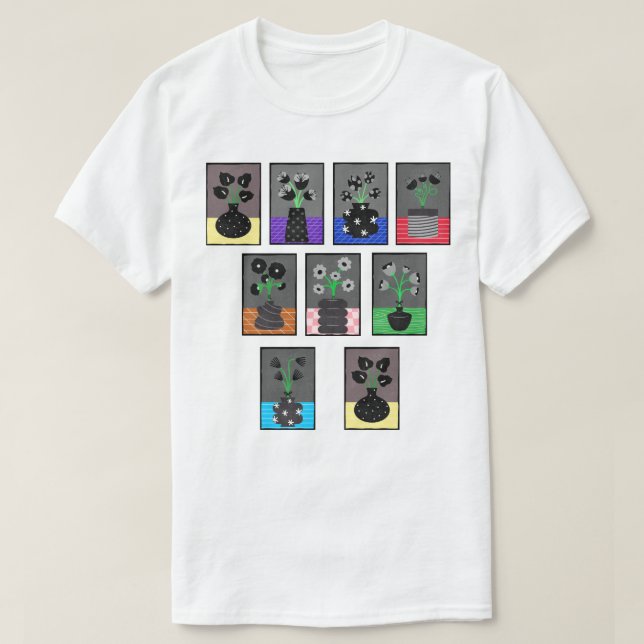 Camiseta Flores negras y blancas en jarrones negros (Diseño del anverso)