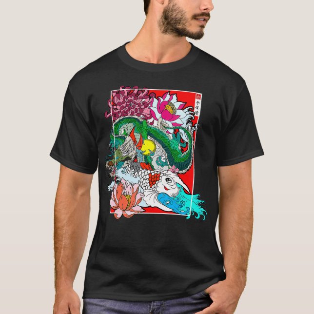 Camiseta Flores Nishikigoi de la carpa japonesa Dragon Koi (Anverso)
