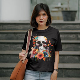 Camiseta Flores otoñales de Halloween y cráneo gótico