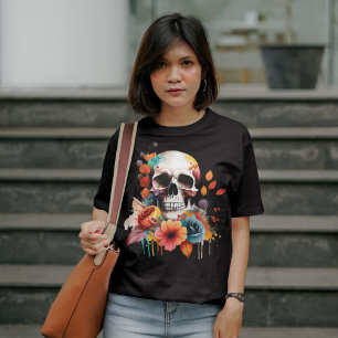Camiseta Flores otoñales de Halloween y cráneo gótico