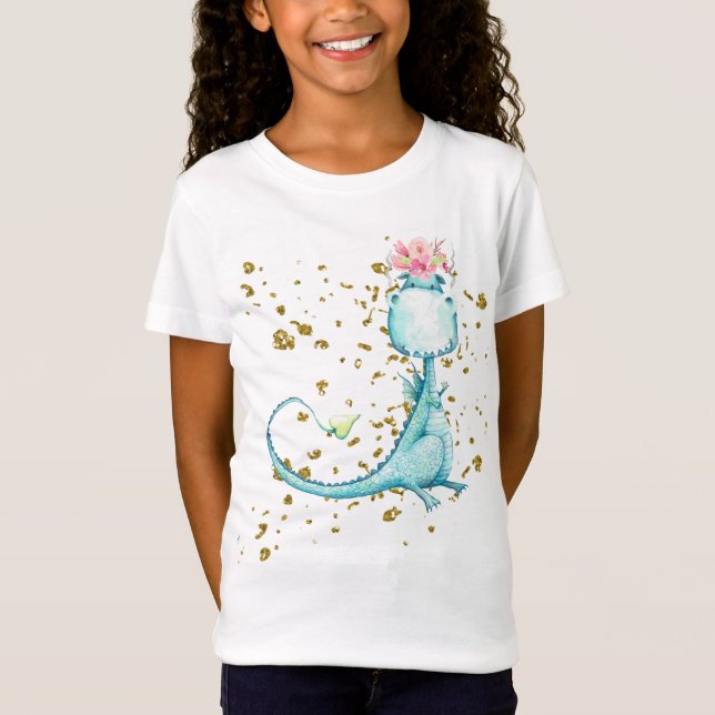 Camiseta *~* Flores Purpurina Blue Girly Dragon Dinosaur (Anverso)