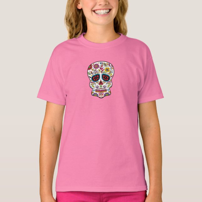 Camiseta Flores rojas Calavera de azúcar en tatuaje mexican (Anverso)