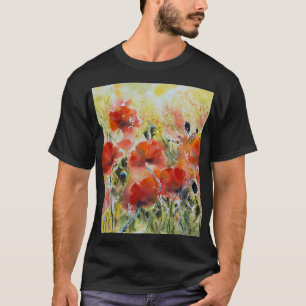 Camiseta Flores rojas de amapola, acuarela suave.