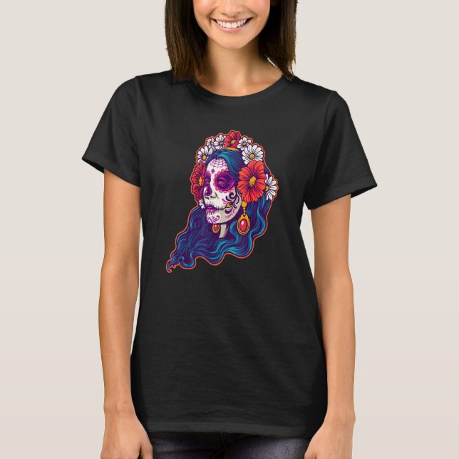 Camiseta Flores Rojas De Calavera El Día Del Dia De L Mexic (Anverso)
