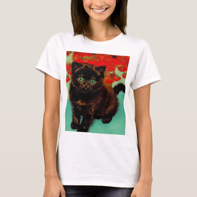 Camiseta Flores rojas de gato negro Van Gogh (Anverso)