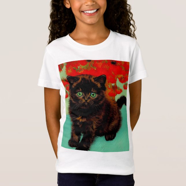 Camiseta Flores rojas de gato negro Van Gogh (Anverso)