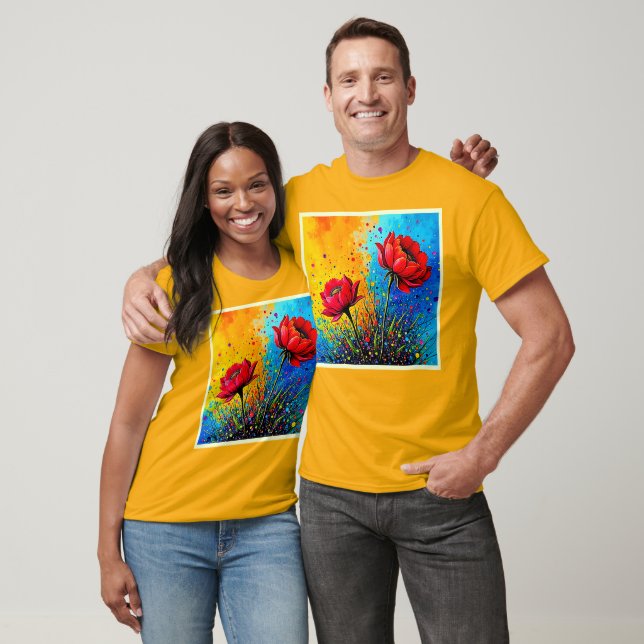 Camiseta Flores Rojas Vibrantes Impresión Pop Art (Unisexo)