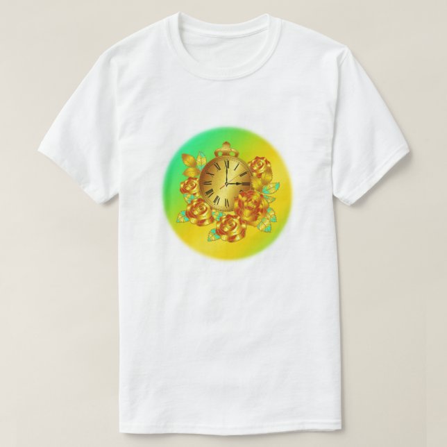 Camiseta Flores rojas y doradas y reloj de antigüedades (Diseño del anverso)