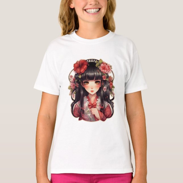 Camiseta Flores rosadas de chica anime (Anverso)