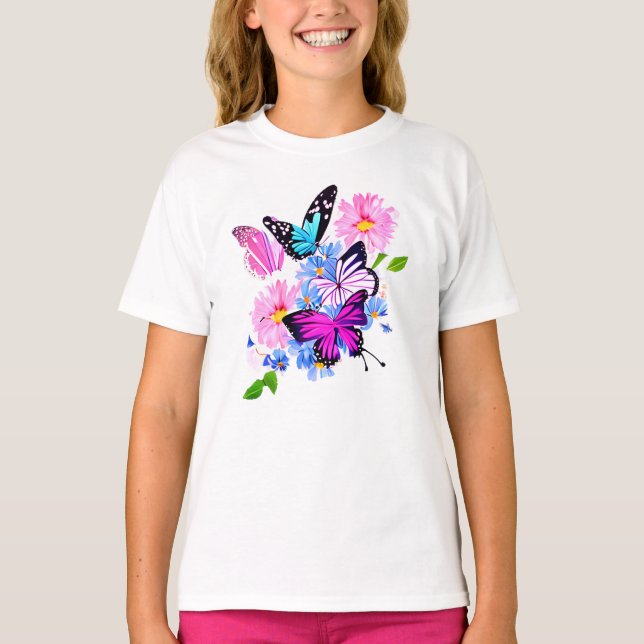 Camiseta Flores rosadas y azules y mariposa (Anverso)