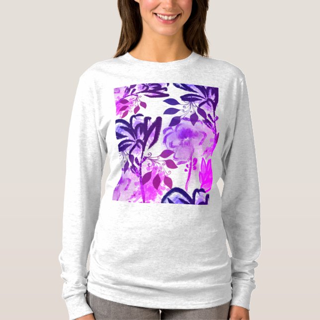 Camiseta Flores rosadas y púrpuras patrón botánico (Anverso)