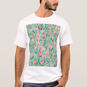 Camiseta Flores rosas, verde salvia, sin costuras.