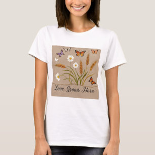 Camiseta Flores silvestres bohemias, mariposas, tallos de t