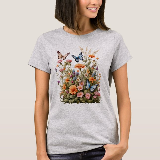 Camiseta Flores silvestres mariposas Flor Jardín Acuática (Anverso)