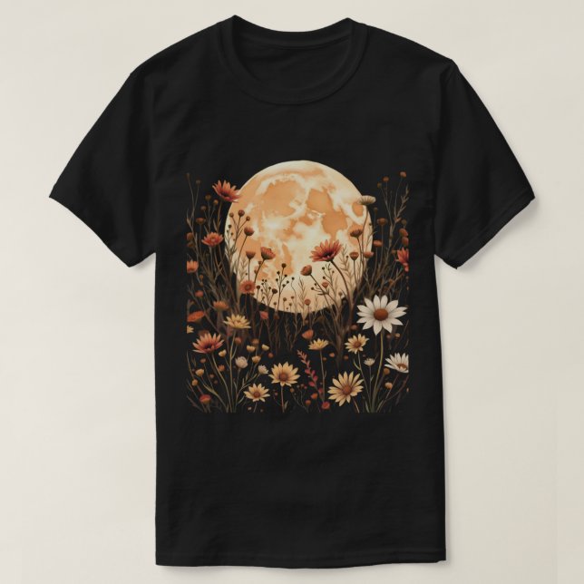 Camiseta Flores Silvestres Míticas Y Luna Llena Brillante. (Diseño del anverso)