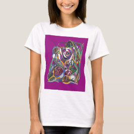 Camiseta Flores, sobre un fondo púrpura