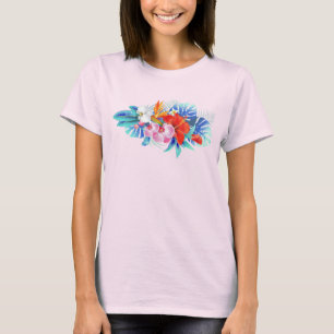 Camiseta Flores tropicales exóticas en rosa y turquesa