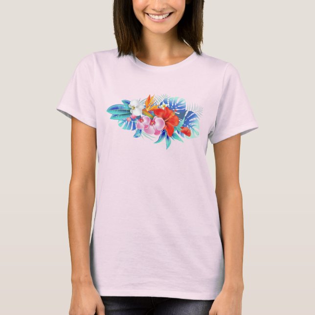 Camiseta Flores tropicales exóticas en rosa y turquesa (Anverso)