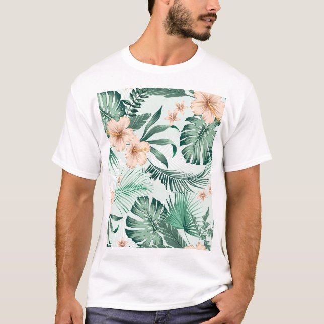 Camiseta Flores tropicales, patrón de follaje exuberante. (Anverso)
