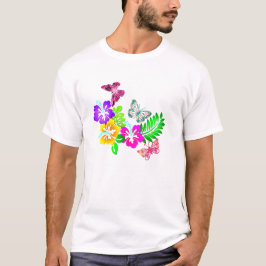 Camiseta Flores tropicales y mariposas a través de la vista