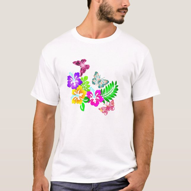Camiseta Flores tropicales y mariposas a través de la vista (Anverso)