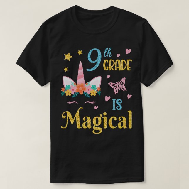 Camiseta Flores Unicornio Face 9° Grado Estudiantes Mágicos (Diseño del anverso)