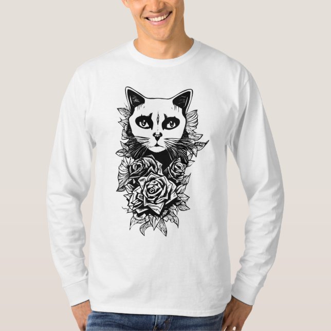 Camiseta Flores Y Gato Gótico (Anverso)