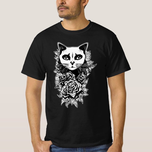Camiseta Flores Y Gato Gótico (Anverso)