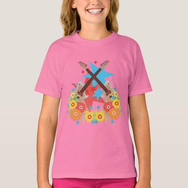 Camiseta Flores y guitarras rosas (Anverso)
