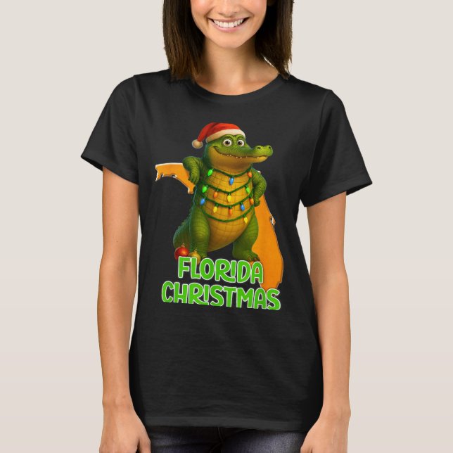 Camiseta Florida Christmas Alligator Wearing Santa Hat Vaca (Anverso)