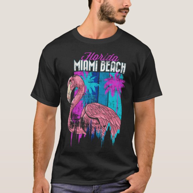 Camiseta Florida Miami Beach Retro Flamingo Palm Trees Vapo (Anverso)