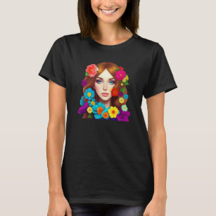 Camiseta Flower power, retrato de bella muchacha floreada