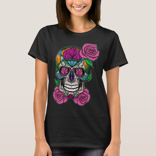 Camiseta Flower Skull Sugar Roses Floral Skeleton Cute Punk (Anverso)