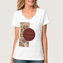 Camiseta Flowers,Burgundi Red Gold Glitter, Merry Christmas