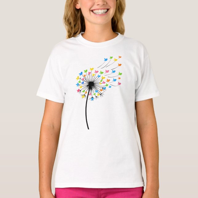 Camiseta Flying colorful birds dandelion flow (Anverso)