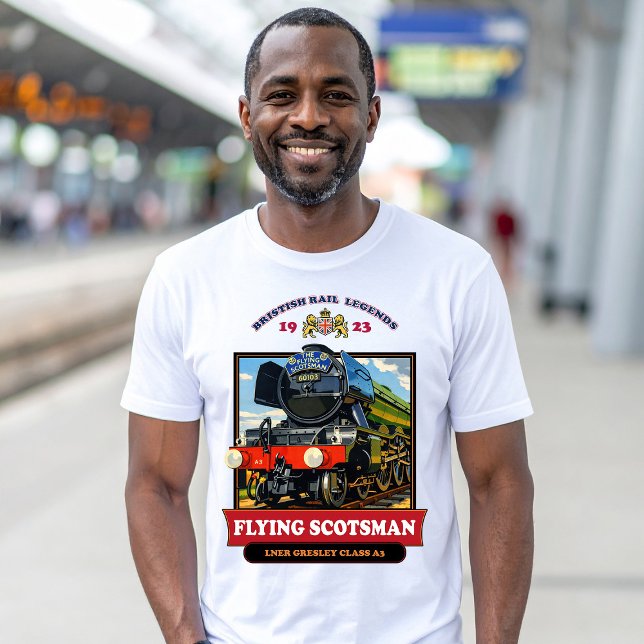 Camiseta Flying Scotsman 4472 Steam Locomotive Retro Poster (Flying Scotsman Steam Locomotive Vintage Poster. Men Basic White T-Shirt)