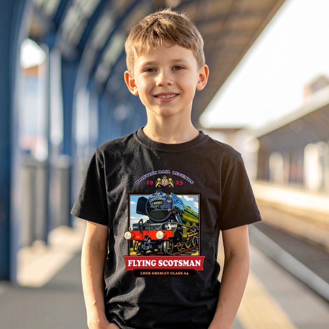 Camiseta Flying Scotsman Steam Locomotive Vintage Poster (Flying Scotsman Steam Locomotive Vintage Poster. Boy Basic Black T-Shirt)