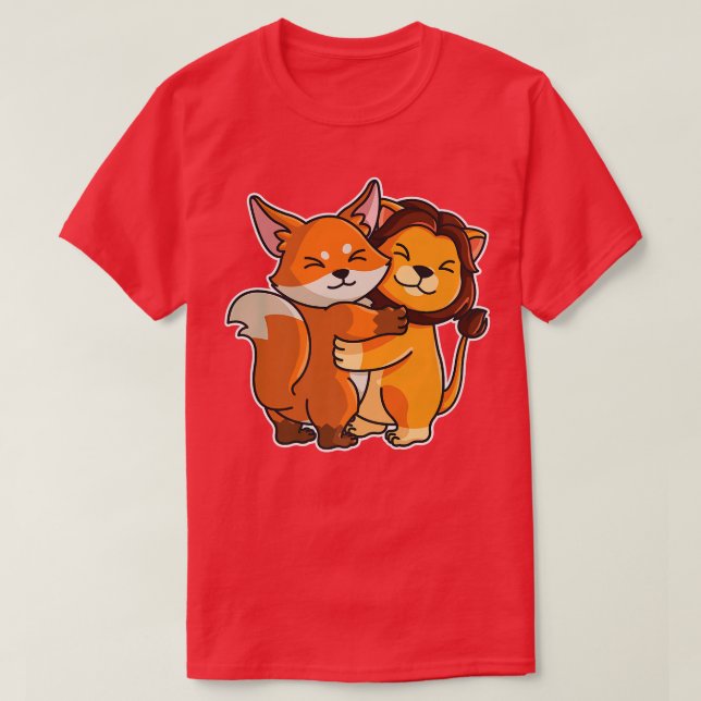 Camiseta Fo & Lion Hug Kawaii Animales Cute Para Mujeres Cu (Diseño del anverso)