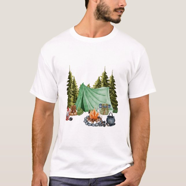 Camiseta Fogata de camping, carpa, acampada en los bosques (Anverso)